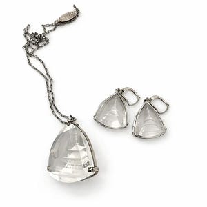Vintage Reverse Carved Pagoda Necklace & Earrings Set – Clear Lucite Asian Motif Jewelry