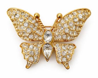 Broche Vintage Papillon En Métal Doré Et Strass - Bijou Ancien, Occasion