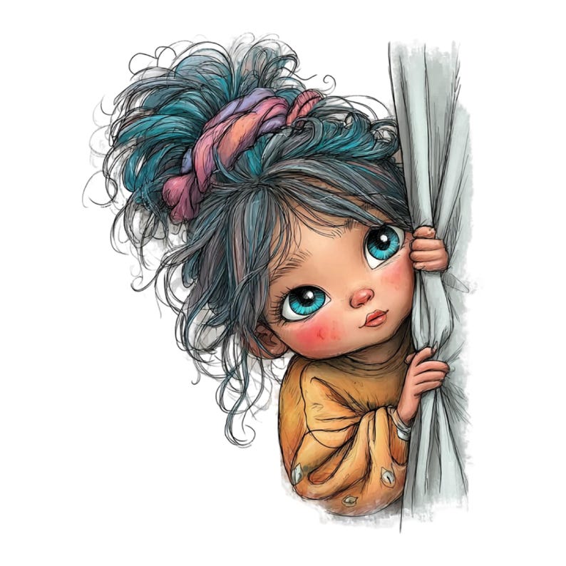 K&ouml;nnte beinhalten: Illustration eines jungen M&auml;dchens mit blau-grauem Haar, das ein gelbes Oberteil tr&auml;gt und hinter einem wei&szlig;en Vorhang hervorlugt. Ihre gro&szlig;en blauen Augen und rosigen Wangen sind auff&auml;llig. Ein rosa-lila Haargummi schm&uuml;ckt ihr Haar.