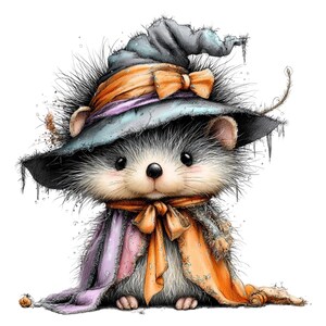 May include: A small, fluffy hedgehog wearing a tattered, dark blue witch hat adorned with an orange bow. The hedgehog is draped in a matching orange and purple cape tied with a bow at the neck, featuring a sketch-like, textured artistic style.