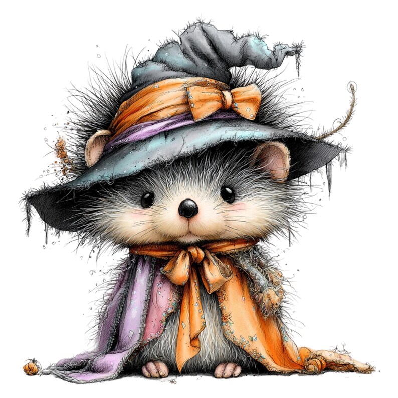 May include: A small, fluffy hedgehog wearing a tattered, dark blue witch hat adorned with an orange bow. The hedgehog is draped in a matching orange and purple cape tied with a bow at the neck, featuring a sketch-like, textured artistic style.