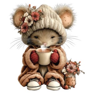 Op de afbeelding: Illustratie van een muis met een beige gebreide muts met bloemen, een bruine jas en rode wanten, die een kop koffie vasthoudt. De muis draagt sneakers en staat naast een vaas met bloemen.
