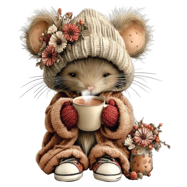 Op de afbeelding: Illustratie van een muis met een beige gebreide muts met bloemen, een bruine jas en rode wanten, die een kop koffie vasthoudt. De muis draagt sneakers en staat naast een vaas met bloemen.