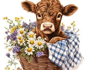 Cute Highland Cow with Wildflowers Clipart: Rustic Farm Animal PNG Images (Digital Download) 26 PNG