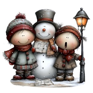 May include: A whimsical illustration of a snowman and two children singing carols in the snow. The snowman wears a top hat and scarf, holding sheet music. The children are bundled in winter coats, hats, and scarves, with one holding a lamppost.