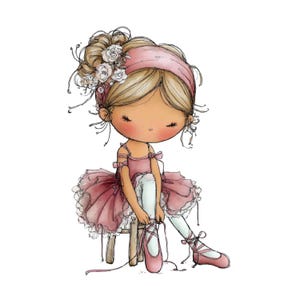 May include: Illustration of a young ballerina in a pink tutu, headband, and ballet shoes, tying her laces. She is sitting on a small wooden stool. The image has a soft, watercolor style with delicate details and a whimsical feel.
