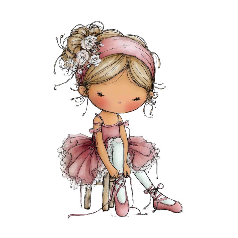 May include: Illustration of a young ballerina in a pink tutu, headband, and ballet shoes, tying her laces. She is sitting on a small wooden stool. The image has a soft, watercolor style with delicate details and a whimsical feel.