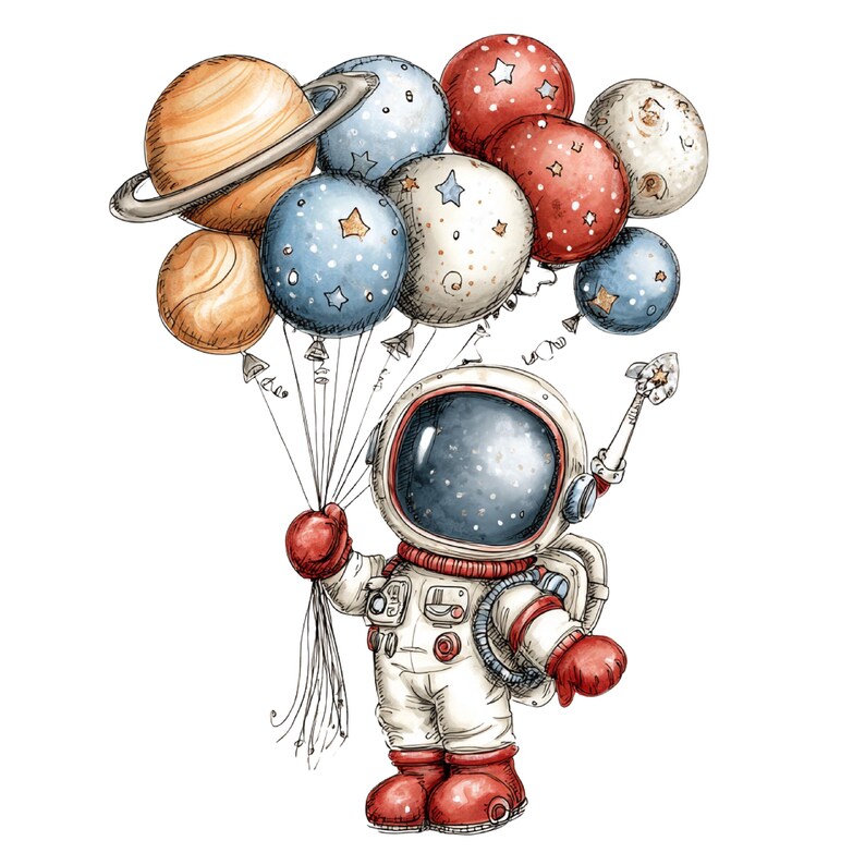 May include: A cartoon astronaut in a white suit with red accents holding a cluster of balloons. The balloons feature designs of planets, stars, and celestial patterns in shades of blue, red, orange, and cream. The astronaut has a dark visor.