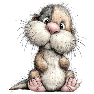 May include: A watercolor illustration of a cute, cartoonish animal with a large, fluffy face and a pink nose. The animal has a mix of brown, gray, and beige fur, with long whiskers and water droplets. It is sitting down with its paws visible.