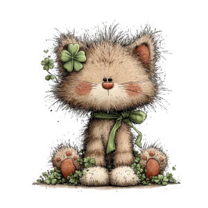Könnte beinhalten: Eine skurrile Illustration einer flauschigen, hellbraunen Katze mit grünem Schal und vierblättrigem Kleeblatt. Die Katze hat rosige Wangen und ist von Kleeblättern umgeben, was ein St. Patrick's Day-Thema erzeugt.
