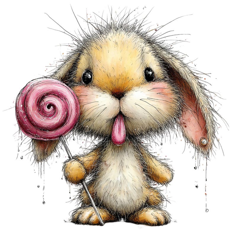 May include: A whimsical illustration of a bunny with a lollipop. The bunny has tan fur, long ears, and a pink tongue sticking out. It holds a large, swirled pink lollipop on a stick. The artwork has a watercolor style with ink splatters.