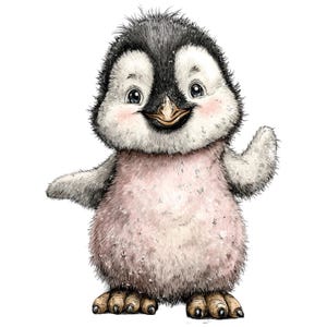 May include: A watercolor illustration of a cute penguin with a fluffy, textured appearance. The penguin has a black head, white face, and a pinkish-white body. It is smiling and waving, with detailed feet and a light background.