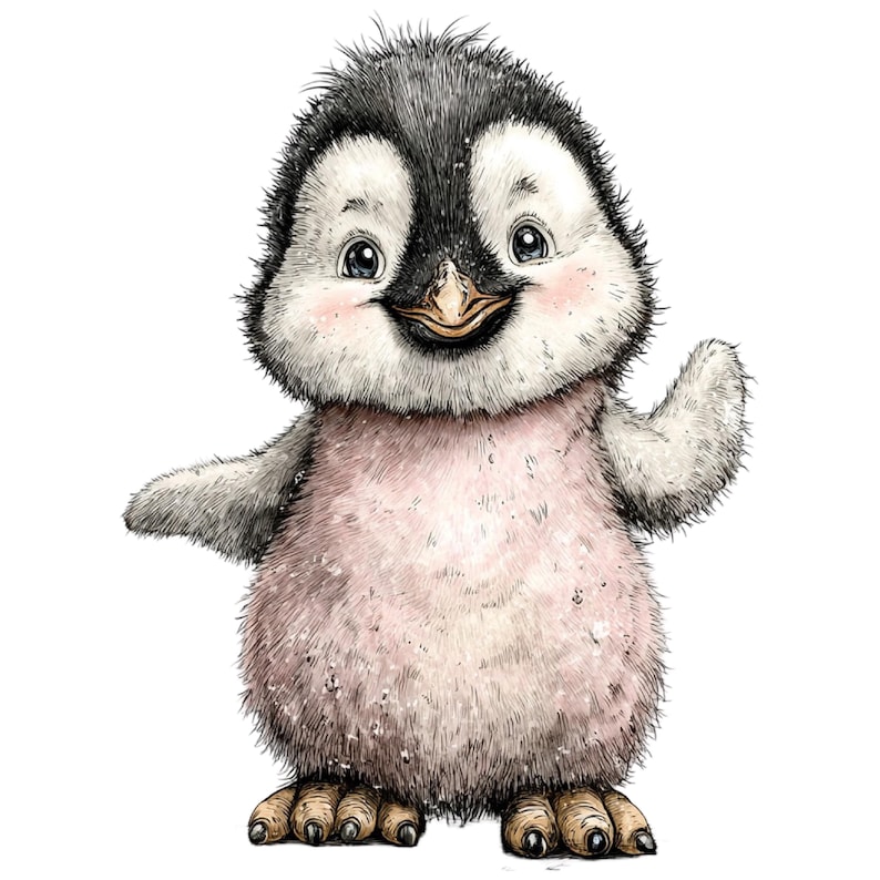 May include: A watercolor illustration of a cute penguin with a fluffy, textured appearance. The penguin has a black head, white face, and a pinkish-white body. It is smiling and waving, with detailed feet and a light background.