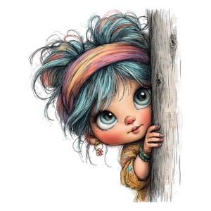 K&ouml;nnte beinhalten: Digitale Illustration eines jungen M&auml;dchens mit gro&szlig;en blauen Augen und blauem Haar mit Regenbogen-Highlights. Sie blickt hinter einem Holzpfosten hervor, tr&auml;gt ein gelbes Oberteil und einen Blumenohrring. Ihre Haut ist hell mit rosigen Wangen.