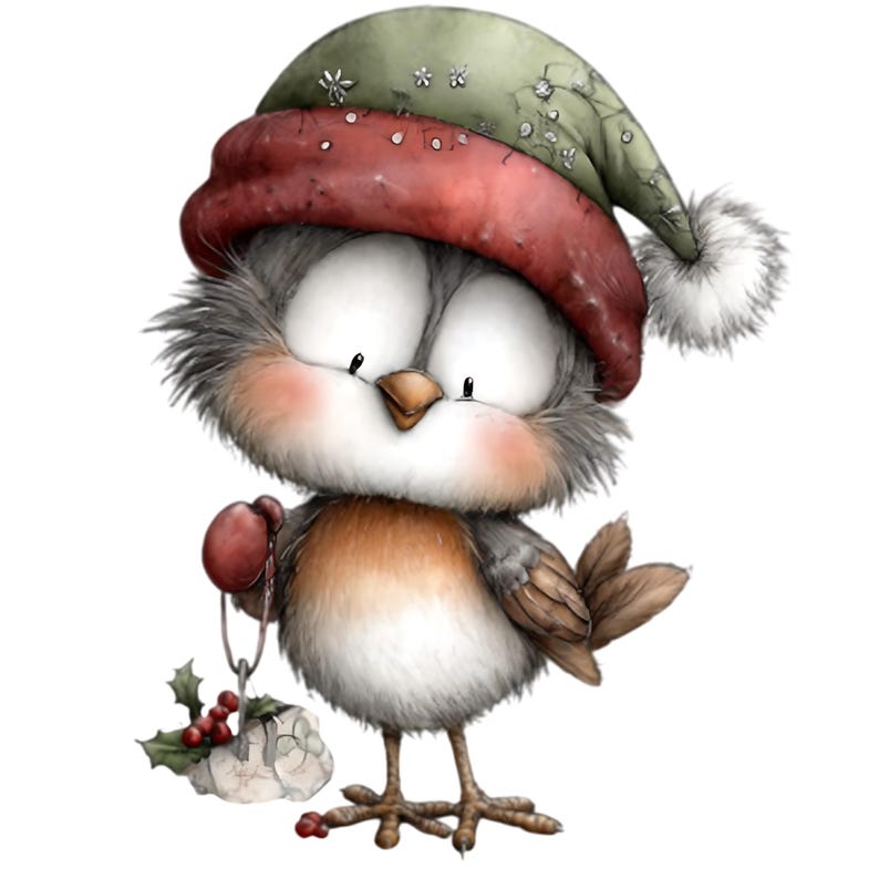 May include: A charming cartoon bird wearing a red and green Christmas hat with a white pom-pom. The bird has a brown beak, gray and brown feathers, and rosy cheeks. It holds a small gift with holly and berries, perfect for holiday decor.