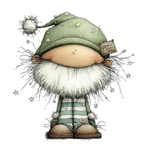 Op de afbeelding: Een grillige illustratie van een kabouter met een groene hoed versierd met sterren en een pluizige pompon. De kabouter heeft een lange witte baard, een gestreepte outfit en een klein label. Sterren zijn rond de kabouter verspreid.