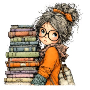 May include: An illustration of a person wearing glasses and an orange jacket, looking towards the viewer. A tall stack of books in various colours is to the left. The person has a scarf and a bag. The image has an artistic style.