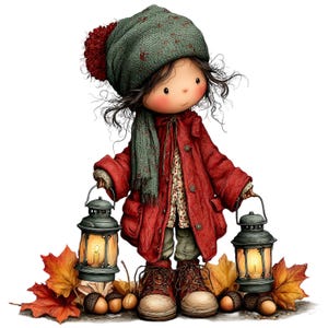 Könnte beinhalten: Eine skurrile Illustration eines Kindes in einem roten Mantel, einer grünen Strickmütze mit rotem Bommel und einem grünen Schal. Das Kind hält zwei leuchtende Laternen, umgeben von herbstlichen Blättern und verstreuten Eicheln am Boden.