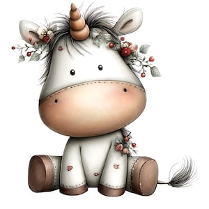 Può includere: Un'illustrazione stravagante di un unicorno seduto con un corpo color crema e zoccoli marroni. L'unicorno ha un corno dorato, una corona floreale e una criniera e una coda grigie. L'unicorno ha un design cucito.