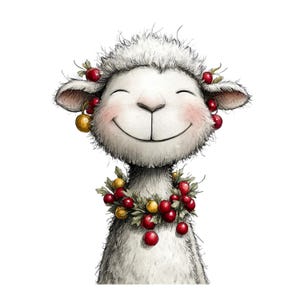 Puede incluir: Una oveja sonriente de estilo caricaturesco con pelaje blanco y una corona de bayas rojas y adornos dorados alrededor del cuello. La oveja tiene una guirnalda de bayas y adornos dorados alrededor de la cabeza.