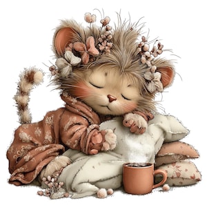 Op de afbeelding: Een grillige illustratie van een slapend katje met een bloemenkroon en gewikkeld in een patroon deken. Het katje rust op een stapel kussens met een mok koffie in de buurt. Het kleurenpalet omvat zachte bruintinten, roze en wit.
