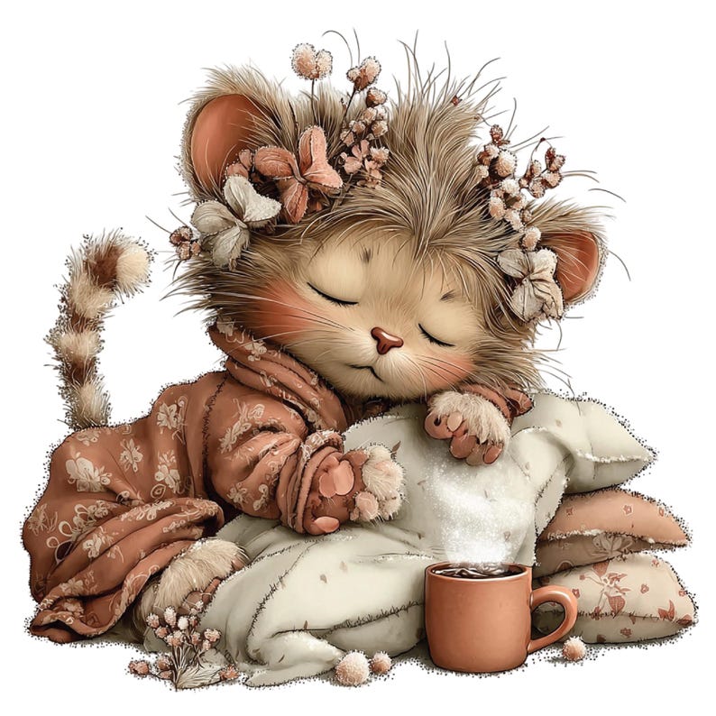 Op de afbeelding: Een grillige illustratie van een slapend katje met een bloemenkroon en gewikkeld in een patroon deken. Het katje rust op een stapel kussens met een mok koffie in de buurt. Het kleurenpalet omvat zachte bruintinten, roze en wit.