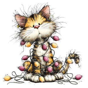 May include: A whimsical illustration of a tabby cat tangled in Christmas lights. The cat has a fluffy, expressive face with a pink nose and is adorned with purple and yellow lights. The artwork has a charming, hand-drawn style.