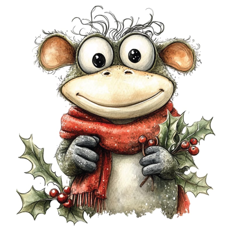 K&ouml;nnte beinhalten: Eine Illustration eines freundlichen Cartoon-Affen mit gro&szlig;en Augen, der einen roten Schal tr&auml;gt und Stechpalmen mit roten Beeren h&auml;lt. Das Bild ist im Aquarellstil gehalten und hat ein festliches Thema, passend zur Weihnachtszeit.