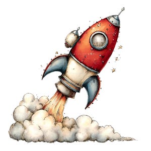 May include: A red and white rocket ship illustration with blue fins, a circular window, and a pointed nose cone. The rocket is shown launching upward with a large plume of white smoke and orange flames emerging from the base, surrounded by small stars.