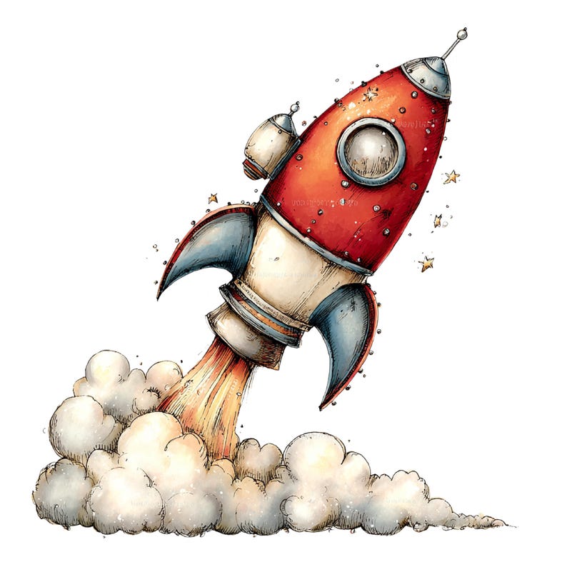 May include: A red and white rocket ship illustration with blue fins, a circular window, and a pointed nose cone. The rocket is shown launching upward with a large plume of white smoke and orange flames emerging from the base, surrounded by small stars.