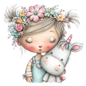 Puede incluir: Ilustraci&oacute;n en acuarela de una ni&ntilde;a con los ojos cerrados, pecas y una corona floral, abrazando a un unicornio blanco. La ni&ntilde;a lleva un peto azul claro con un coraz&oacute;n rosa. El unicornio tiene una melena arco&iacute;ris y un cuerno rosa.