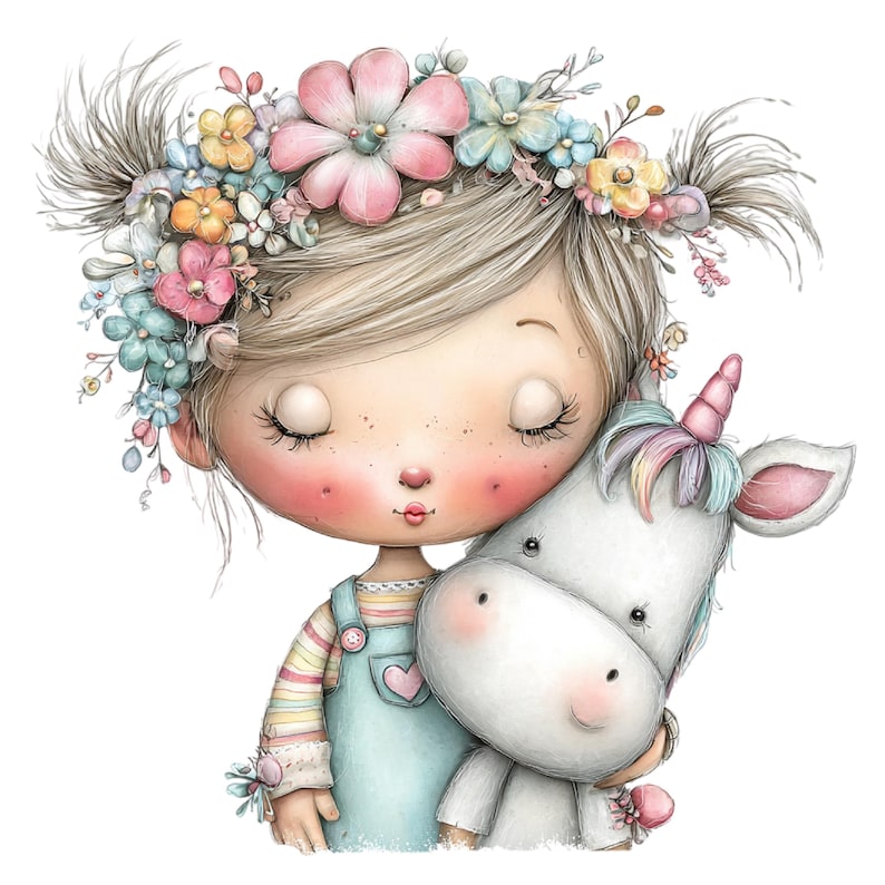 Puede incluir: Ilustraci&oacute;n en acuarela de una ni&ntilde;a con los ojos cerrados, pecas y una corona floral, abrazando a un unicornio blanco. La ni&ntilde;a lleva un peto azul claro con un coraz&oacute;n rosa. El unicornio tiene una melena arco&iacute;ris y un cuerno rosa.