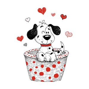 Pu&ograve; includere: Un cucciolo di cartone animato in bianco e nero con un collare rosso &egrave; seduto in un cestino a pois rossi. Cuori rossi fluttuano intorno al cucciolo. Il cucciolo ha un'espressione felice.