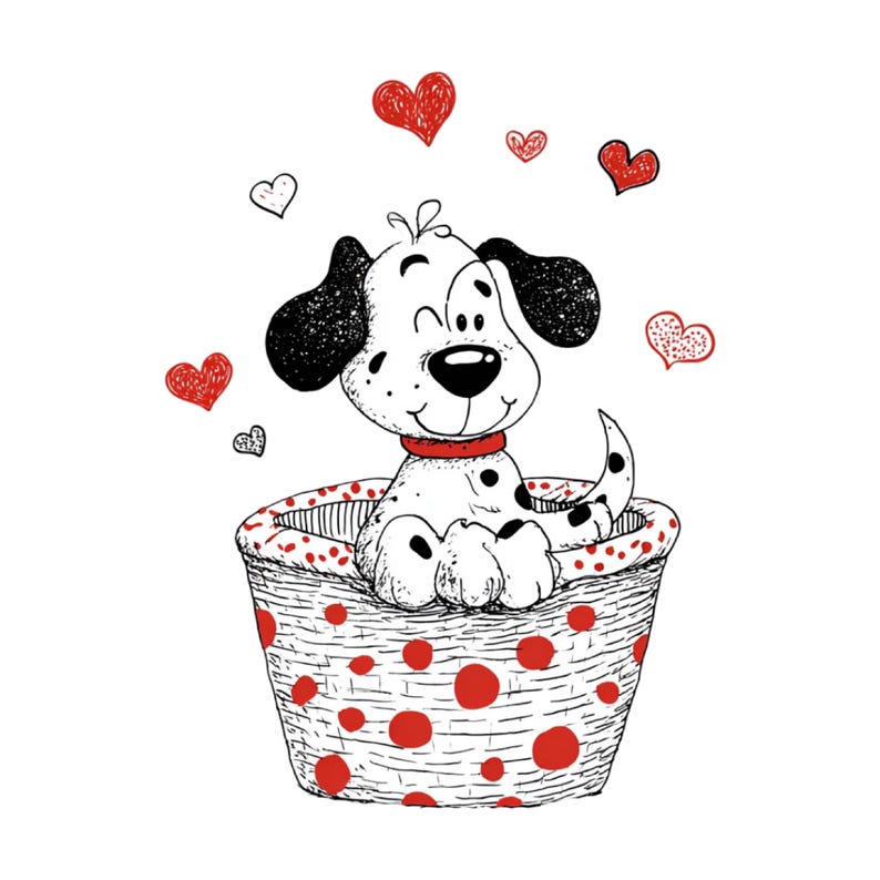 Pu&ograve; includere: Un cucciolo di cartone animato in bianco e nero con un collare rosso &egrave; seduto in un cestino a pois rossi. Cuori rossi fluttuano intorno al cucciolo. Il cucciolo ha un'espressione felice.