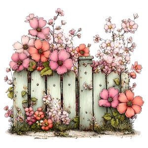 May include: A watercolor illustration of a weathered, light green picket fence overflowing with pink and coral flowers. The flowers are in full bloom, with detailed petals and green leaves. The scene evokes a sense of spring and garden beauty.
