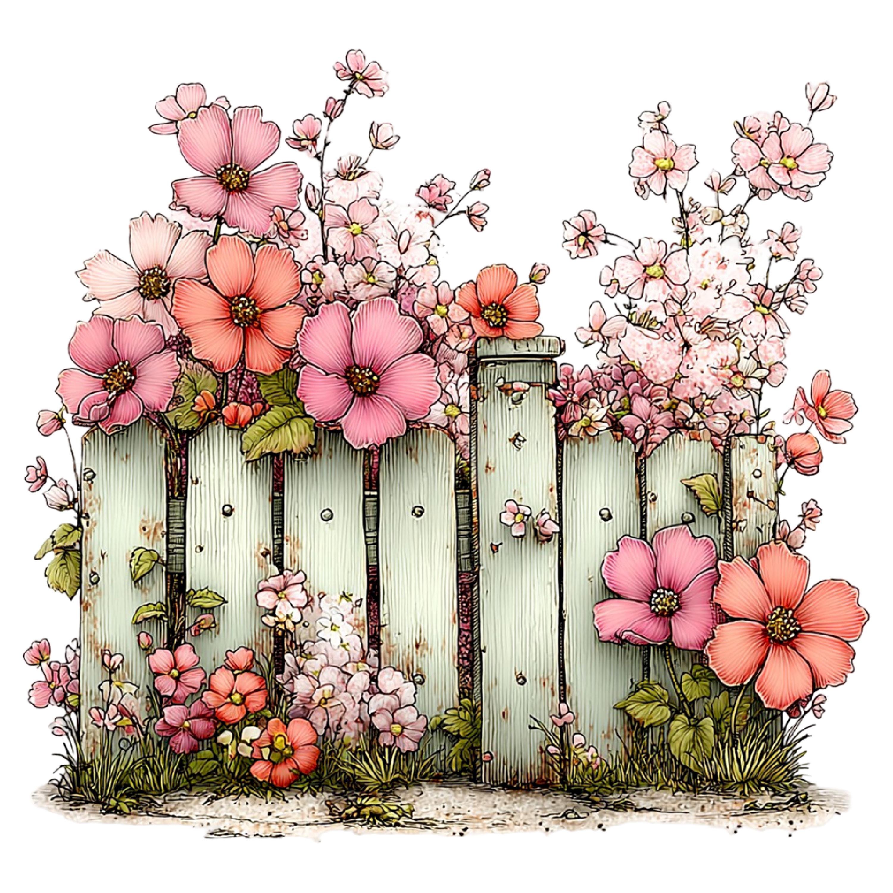 Spring Fence Flower Illustration Set Garden Art 37 PNG - Etsy