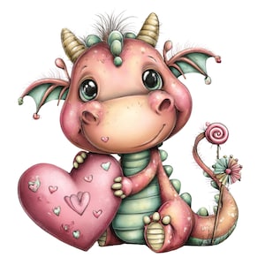 May include: A charming pink dragon illustration holding a pink heart adorned with smaller hearts. The dragon has large, expressive eyes, small horns, and green wings. A lollipop and decorative flowers are attached to its tail.