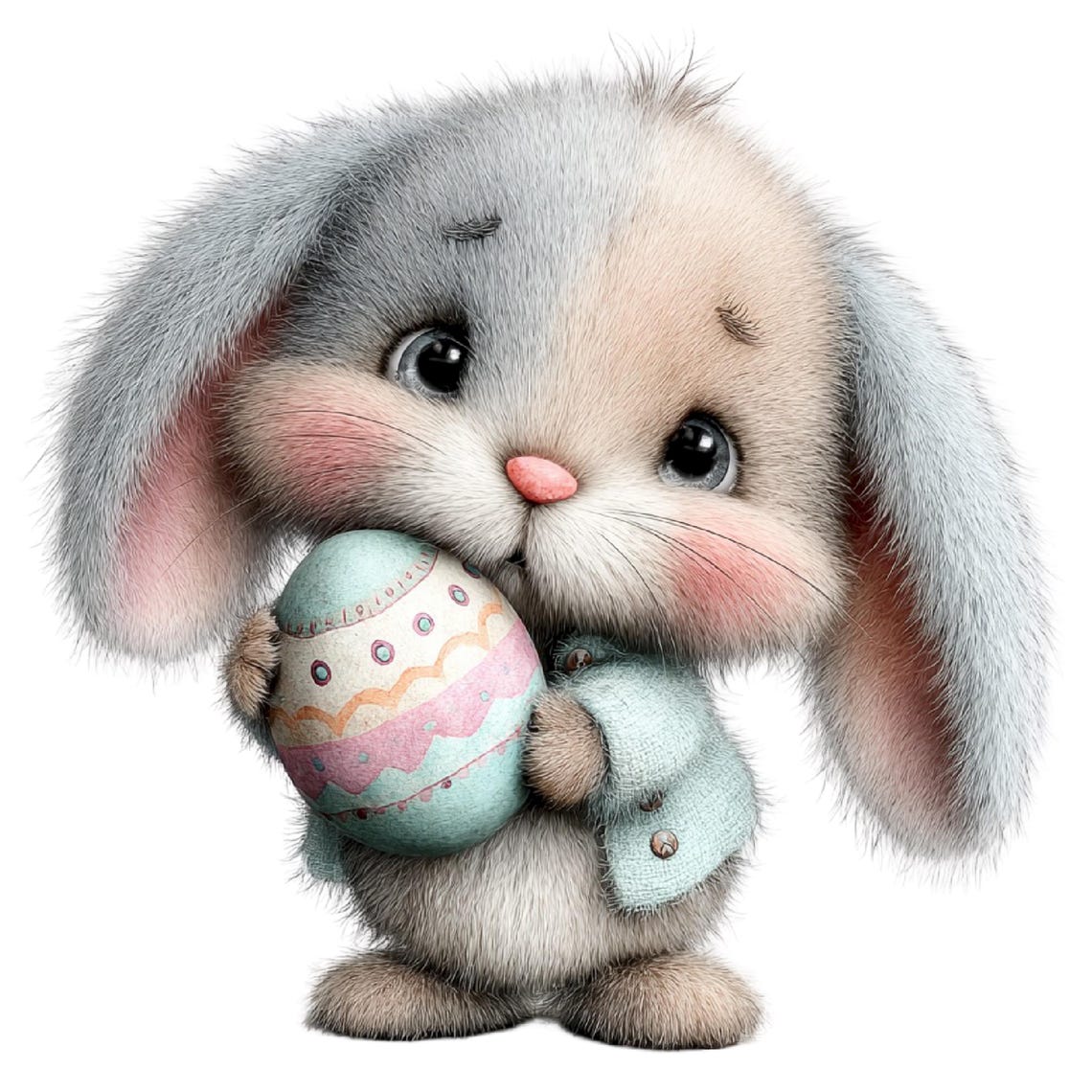 May include: A cute cartoon bunny with gray and tan fur, holding a decorated Easter egg. The bunny wears a light blue vest and has pink cheeks and a pink nose. The egg is light blue with pink and orange patterns.