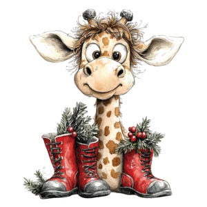 K&ouml;nnte beinhalten: Eine verspielte Illustration einer Giraffe mit geflecktem Fell und einem freundlichen Gesicht. Die Giraffe steht neben zwei roten Stiefeln, die mit Gr&uuml;n und Beeren gef&uuml;llt sind, was ein festliches Weihnachtsthema ergibt.