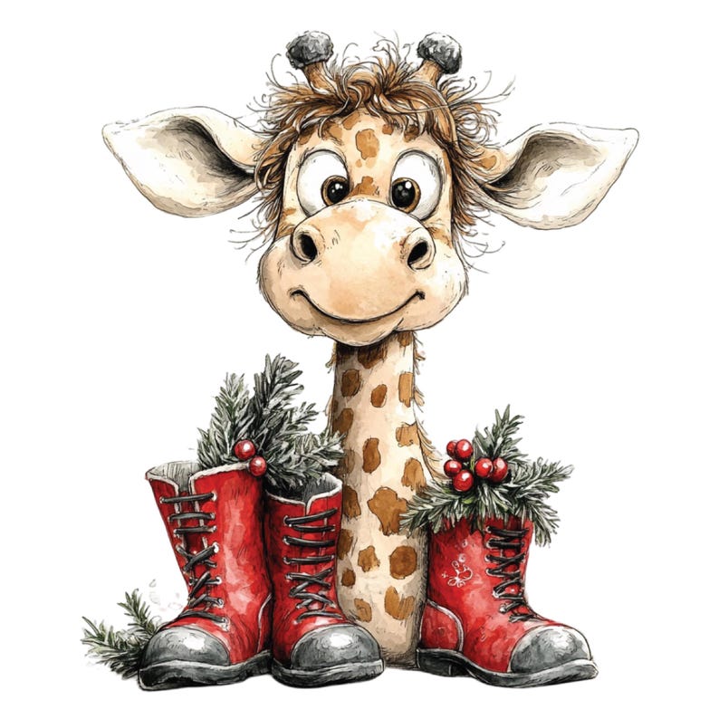 K&ouml;nnte beinhalten: Eine verspielte Illustration einer Giraffe mit geflecktem Fell und einem freundlichen Gesicht. Die Giraffe steht neben zwei roten Stiefeln, die mit Gr&uuml;n und Beeren gef&uuml;llt sind, was ein festliches Weihnachtsthema ergibt.