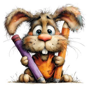 May include: A whimsical illustration of a brown bunny with large blue eyes, holding a purple and orange pencil. The bunny wears an orange shirt and has long ears. The image is a cartoon style.