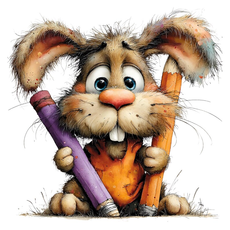 May include: A whimsical illustration of a brown bunny with large blue eyes, holding a purple and orange pencil. The bunny wears an orange shirt and has long ears. The image is a cartoon style.