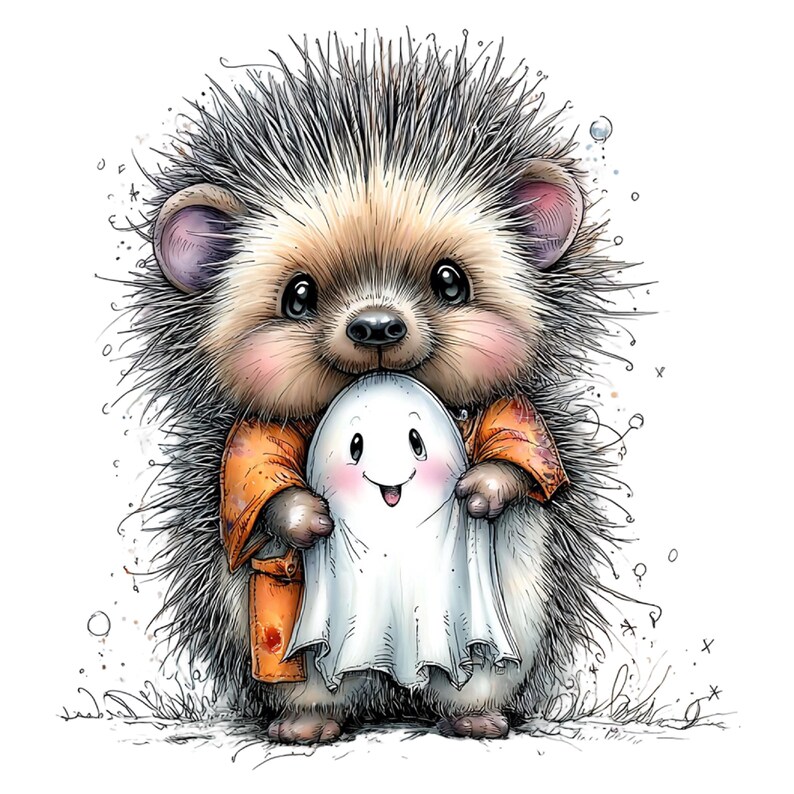 May include: A cartoon illustration of a fluffy hedgehog with brown and grey quills, wearing an orange robe, holding a small white ghost character with a smiling face and pink cheeks. The hedgehog has large dark eyes and a light-colored snout.