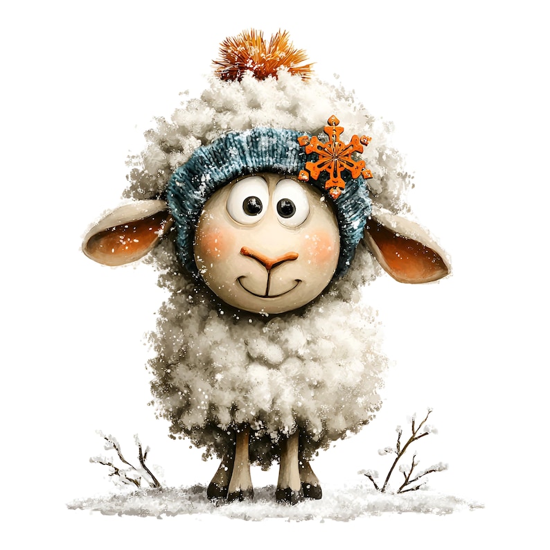 Op de afbeelding: Een grillige illustratie van een schaap met een blauwe gebreide muts met een oranje sneeuwvlok en een pluizige oranje pompon. Het schaap is bedekt met sneeuw, met een lachend gezicht en roze wangen, wat een winterthema oproept.