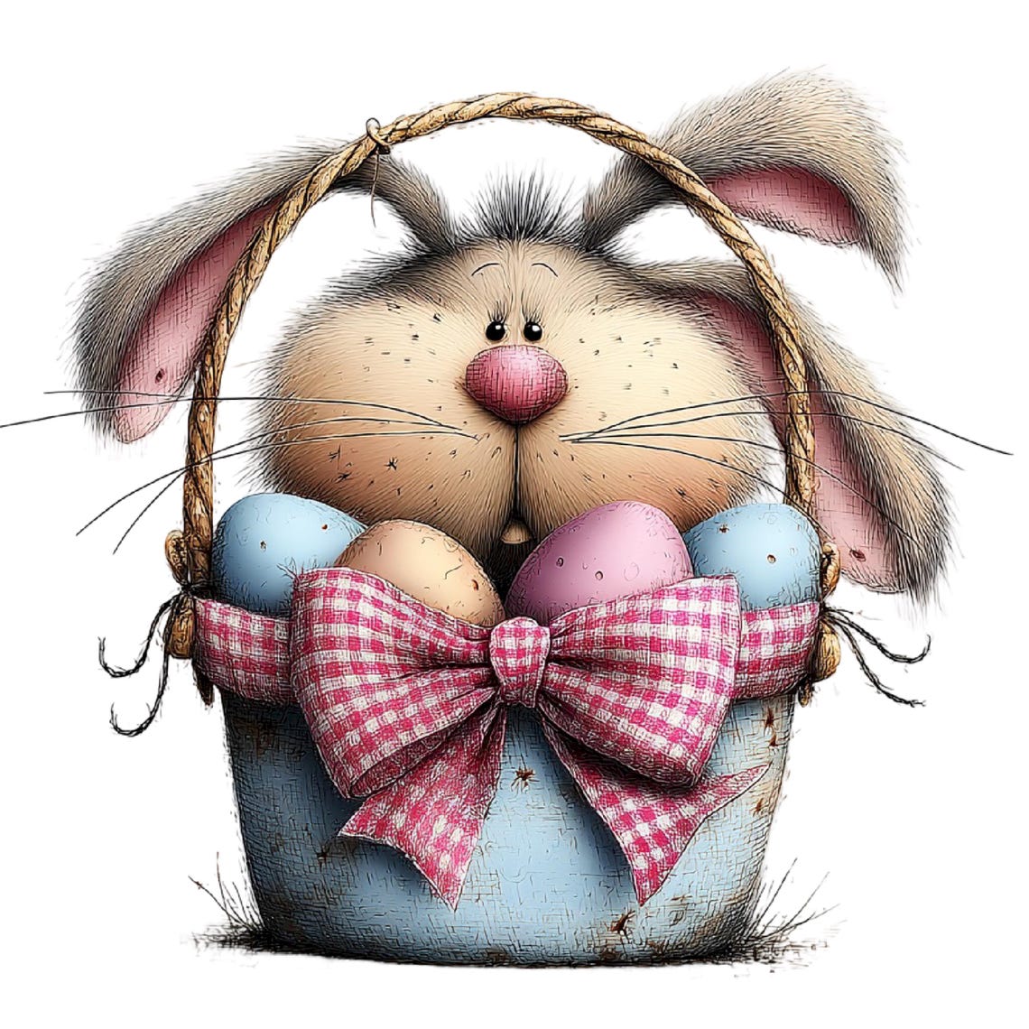 May include: A cartoon illustration of a fluffy Easter bunny peeking out of a light blue basket. The basket is decorated with a pink and white gingham bow and contains colorful Easter eggs. The bunny has long ears and a pink nose.
