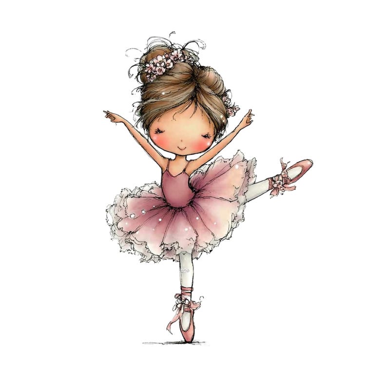 May include: A watercolor illustration of a young ballerina in a pink tutu and pointe shoes. She has brown hair adorned with a floral crown and is posed mid-dance with arms outstretched. The artwork has a soft, whimsical style.