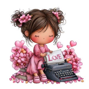 May include: A digital illustration of a girl in a pink dress with closed eyes, sitting next to a vintage typewriter. The typewriter has a paper with the word "LOVE" typed on it. Pink flowers and hearts surround the girl, creating a romantic theme.