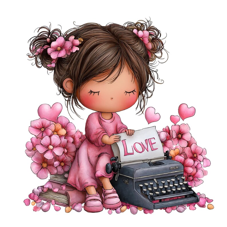 May include: A digital illustration of a girl in a pink dress with closed eyes, sitting next to a vintage typewriter. The typewriter has a paper with the word "LOVE" typed on it. Pink flowers and hearts surround the girl, creating a romantic theme.