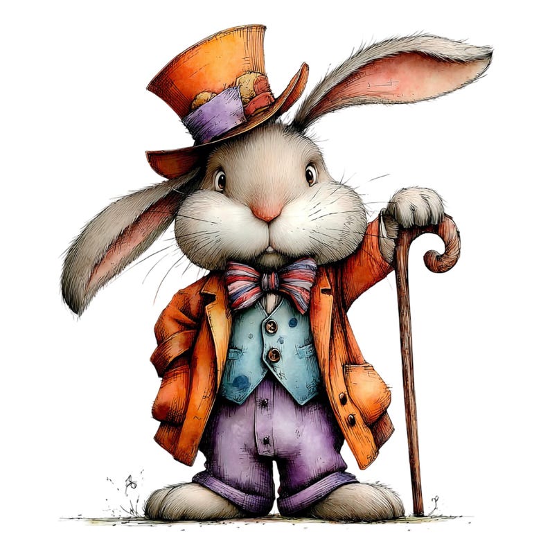 May include: A watercolor illustration of a dapper rabbit wearing an orange top hat, jacket, vest, and purple pants. The rabbit holds a wooden cane and has a red and blue bow tie. The rabbit is standing on a white background.