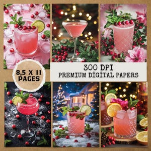 17 JPG Pink Christmas Cocktails Junk Journal,Junk Journal Papers,Printable Junk Journal,Vintage Journal Pages,Commercial Use Clipart